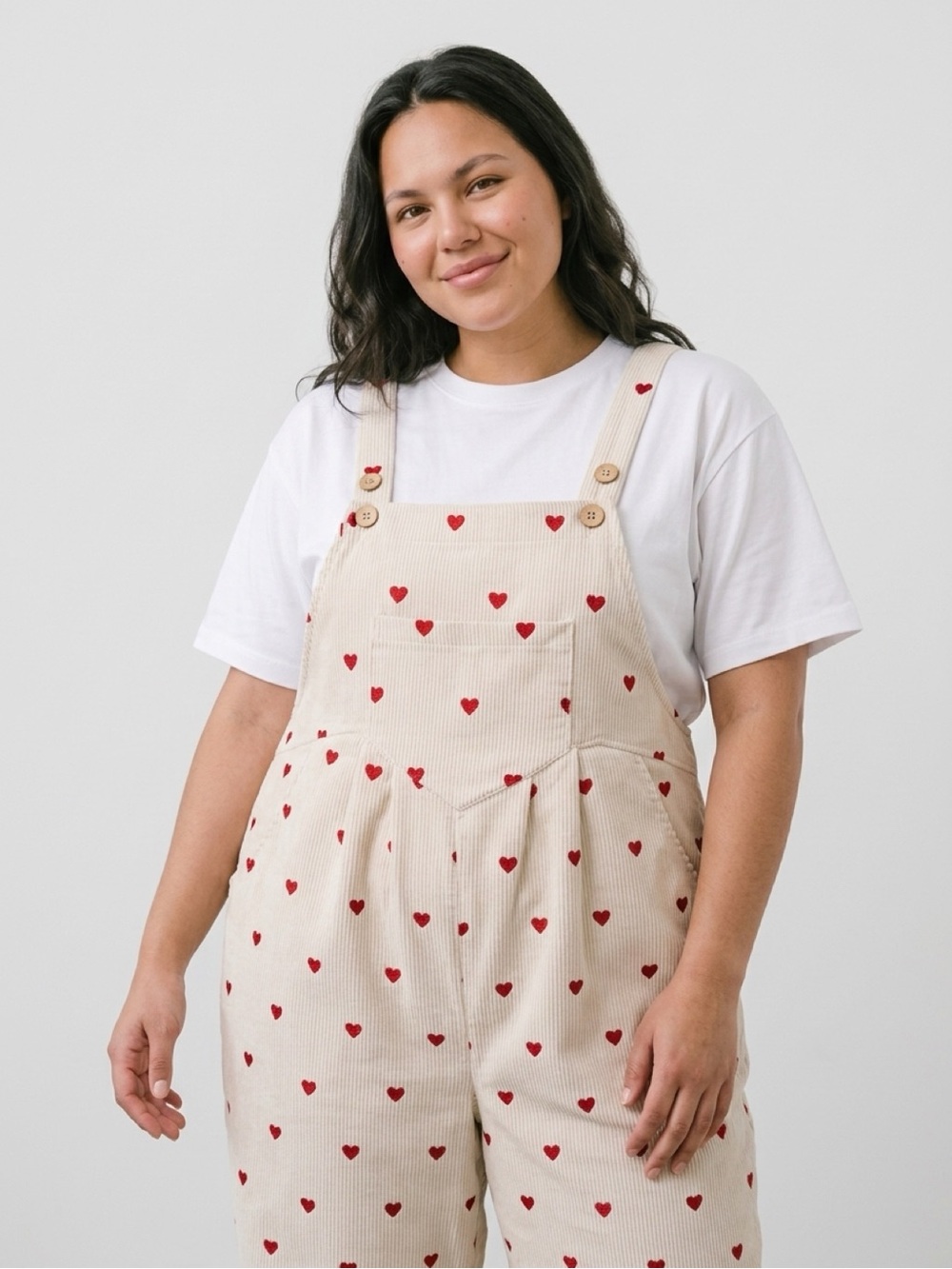 Heart Print Cream Wide-Leg Overalls
